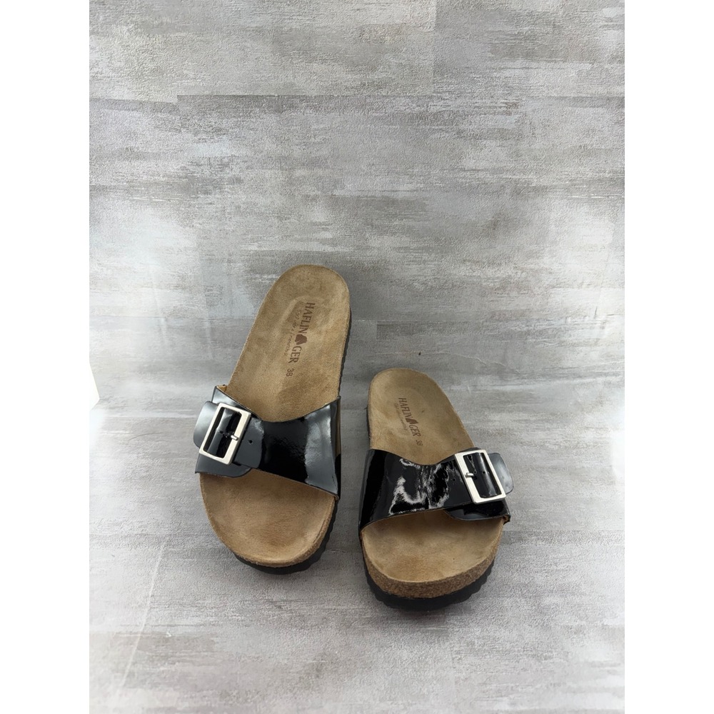 Haflinger Black Patent Leather Bio-Sandal Buckle Slide Women Sz EU 38